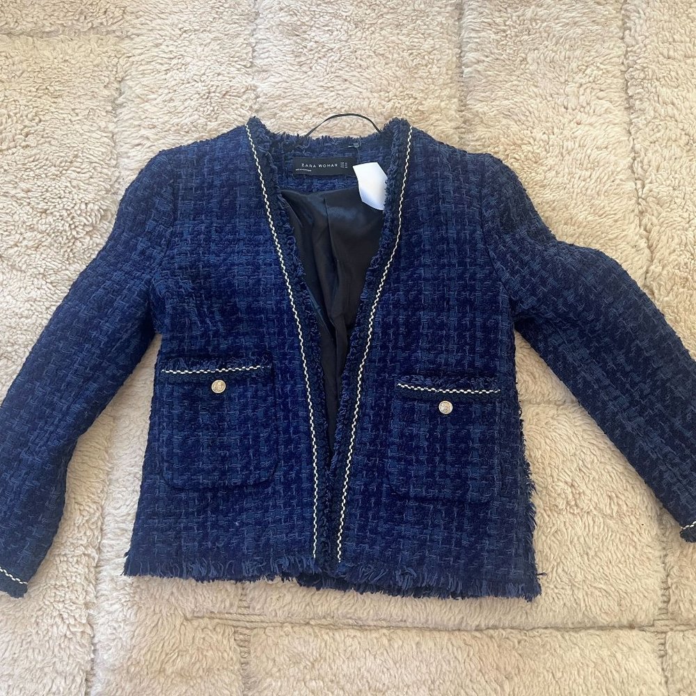 RARE ZARA BLAZER TWEED BLUE WITH GOLD BUTTONS JACKET COAT EXTRA SMALL - XS